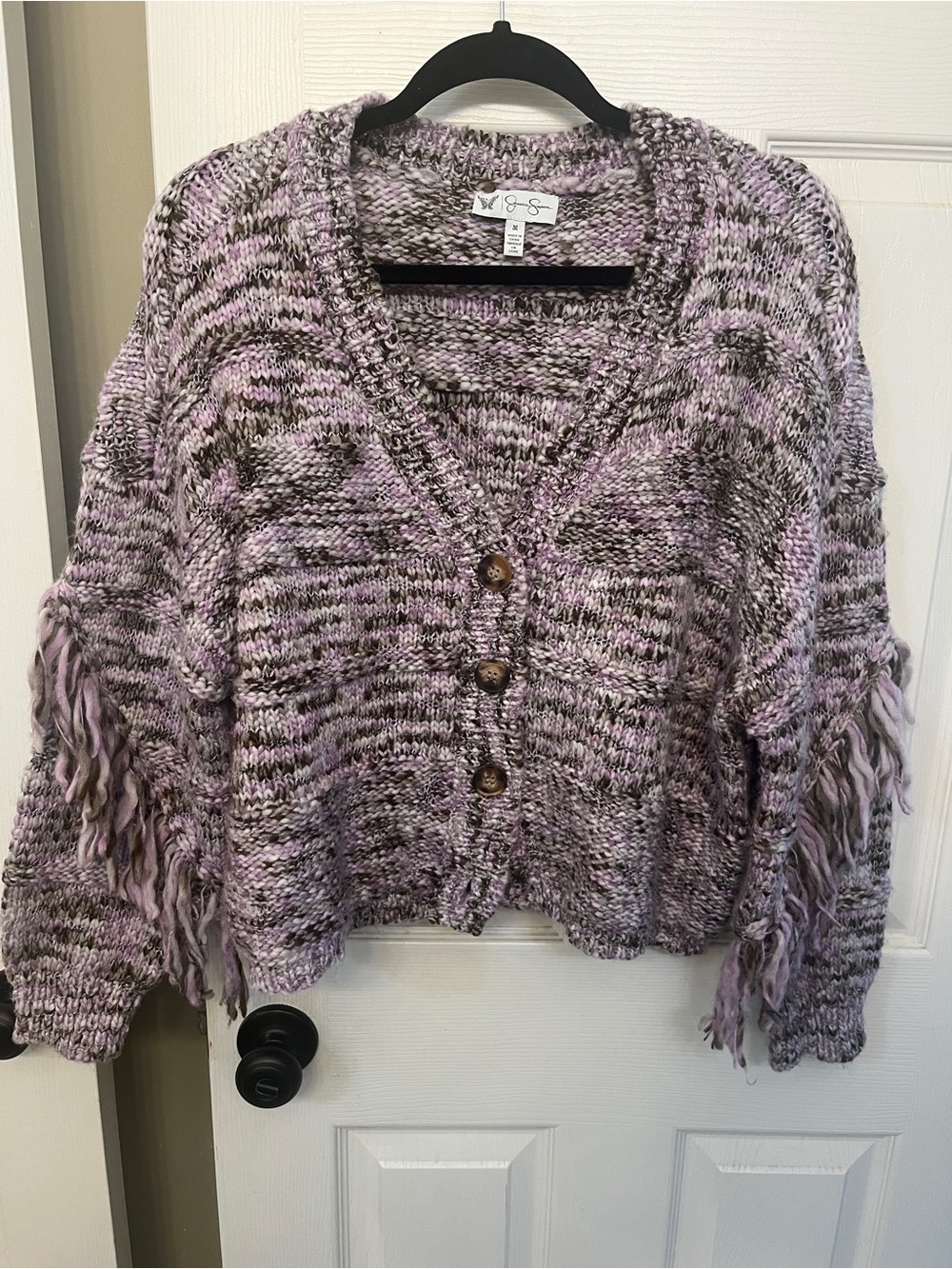 Jessica Simpson Lavender Marled Button Front Fringe V-Neck Cardigan